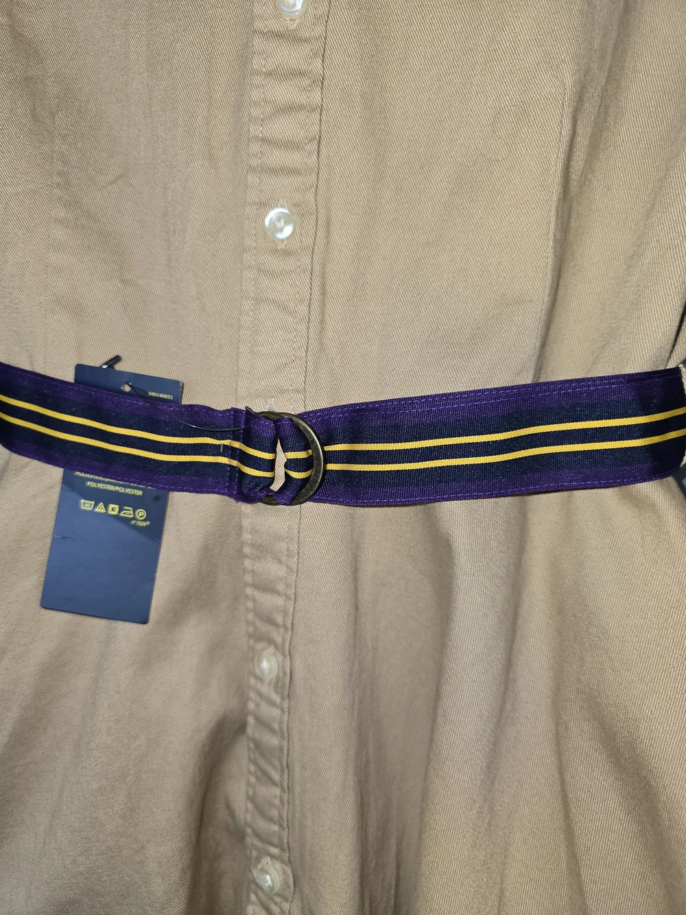 Ralph Lauren Khaki Button-Front Chino Shirt Dress with Navy+Purple & Gold Belt